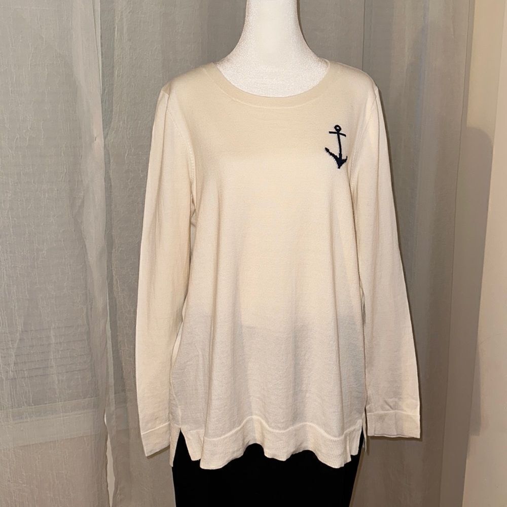 Old Navy XL Tall Ivory Navy Nautical 💯 Cotton High Low Knit Crewneck Sweater